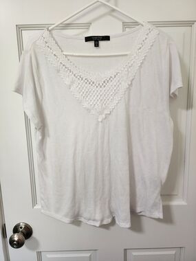 Louise Paris White Short Sleeve Tee with Crochet V-Neck